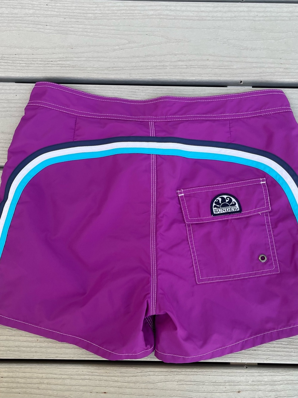 Sundek shorts vintage men’s 31 purple blue rainbow stripe nylon swimsuit